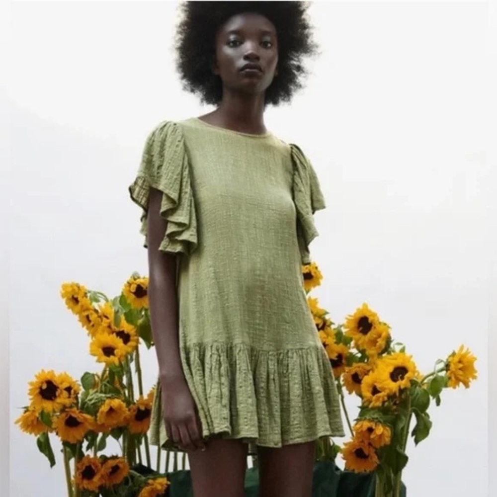 ZARA Olive Green Ruffle Sleeve Dress